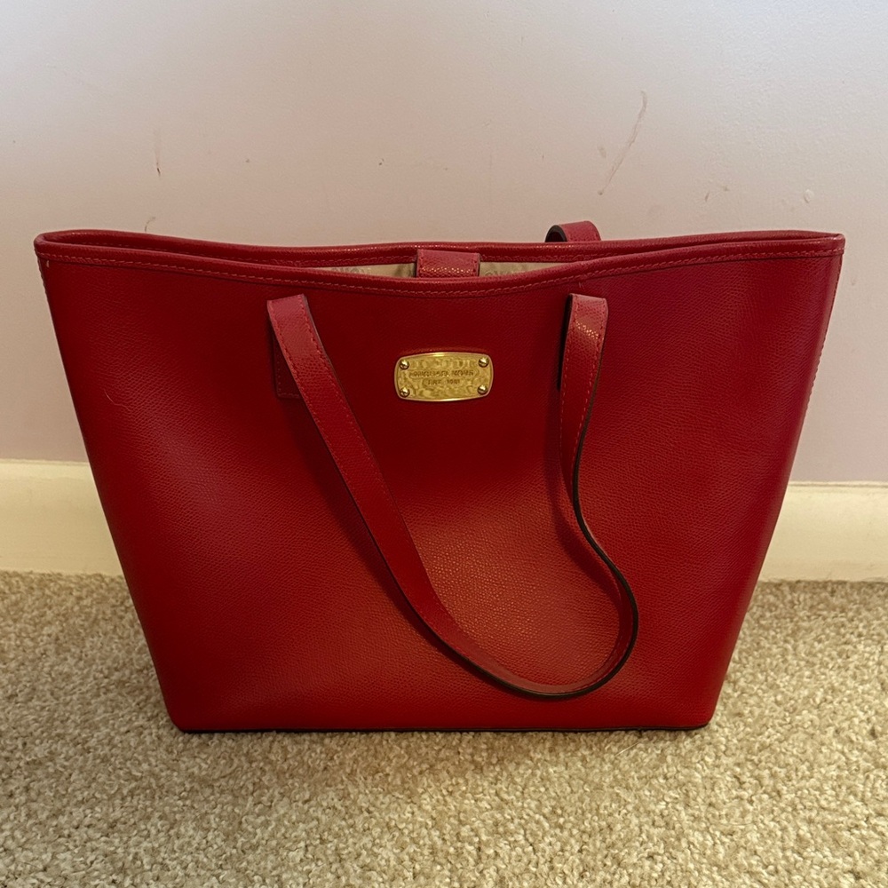Michael Kora Red Leather Tote Bag with Gold Plaque